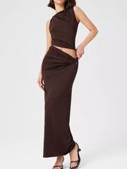 Asymmetrical Ruched Knit Top And Skirt Set in Yellow Green, front view