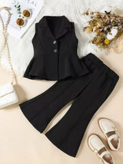 Black sleeveless peplum blazer and flare pants set for babies.