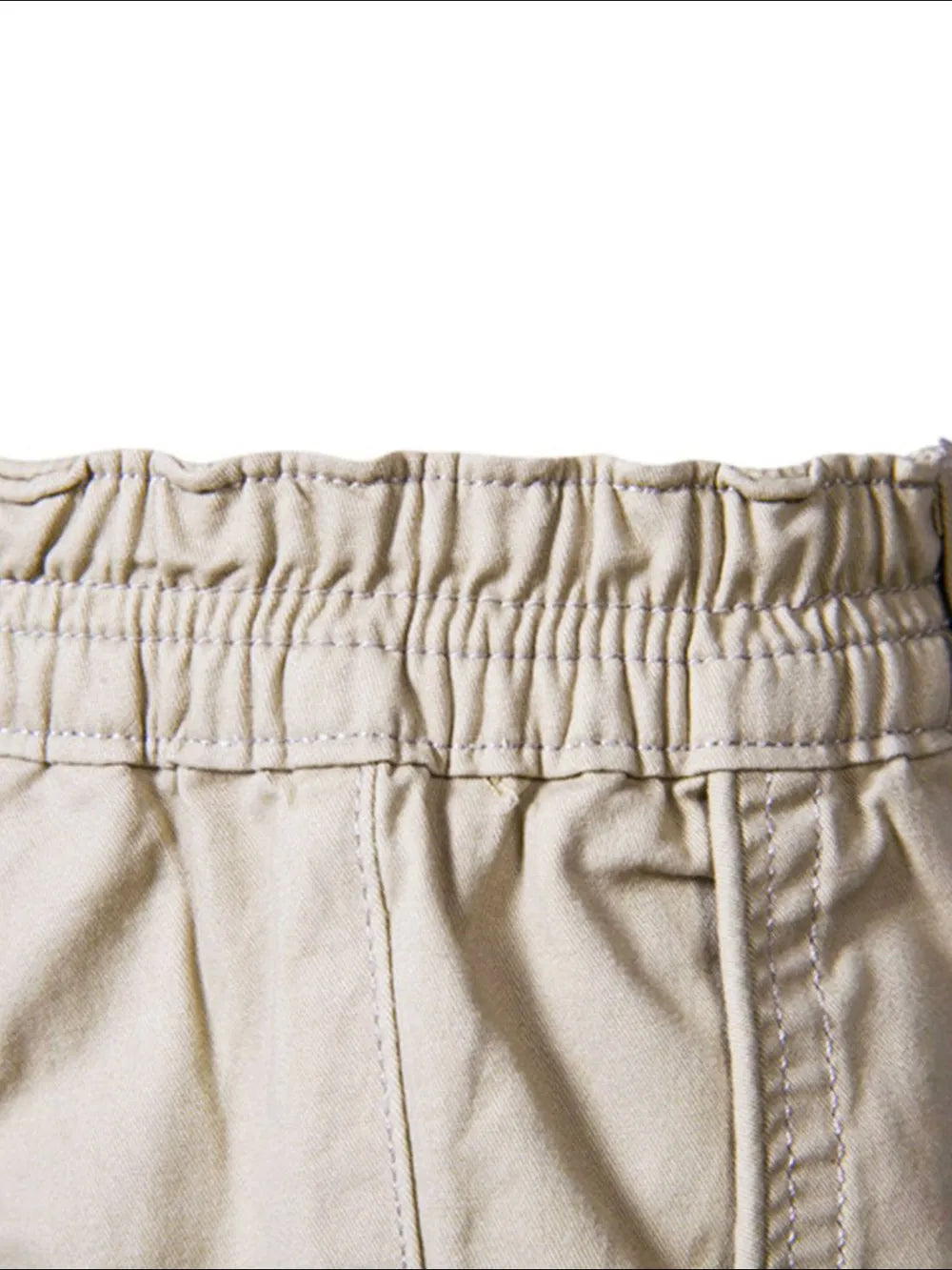 Khaki chino shorts with elastic waistband and contrast stitching detail