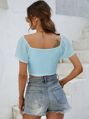 Pastel blue ribbed crop top with chiffon sleeves and square neckline