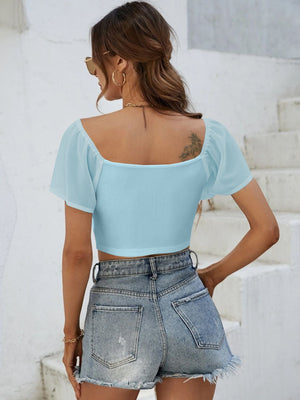 Pastel blue ribbed crop top with chiffon sleeves and square neckline
