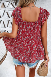 Deep Red floral flutter sleeve peplum blouse with square neckline