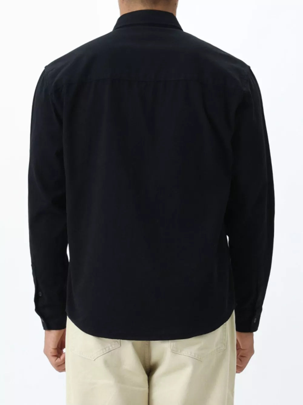 Black cotton long sleeve buttoned undershirt for men, back view