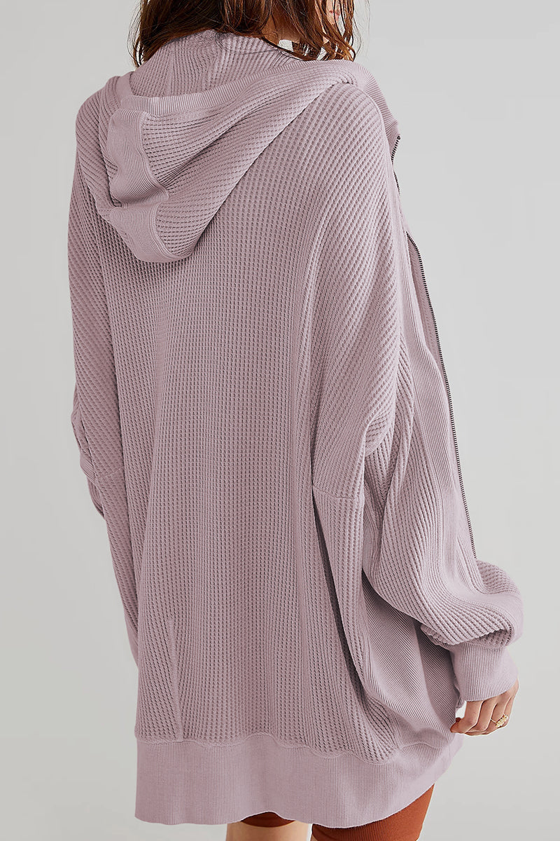 Lilac waffle knit zip-through hooded jacket with a relaxed fit and ribbed cuffs.