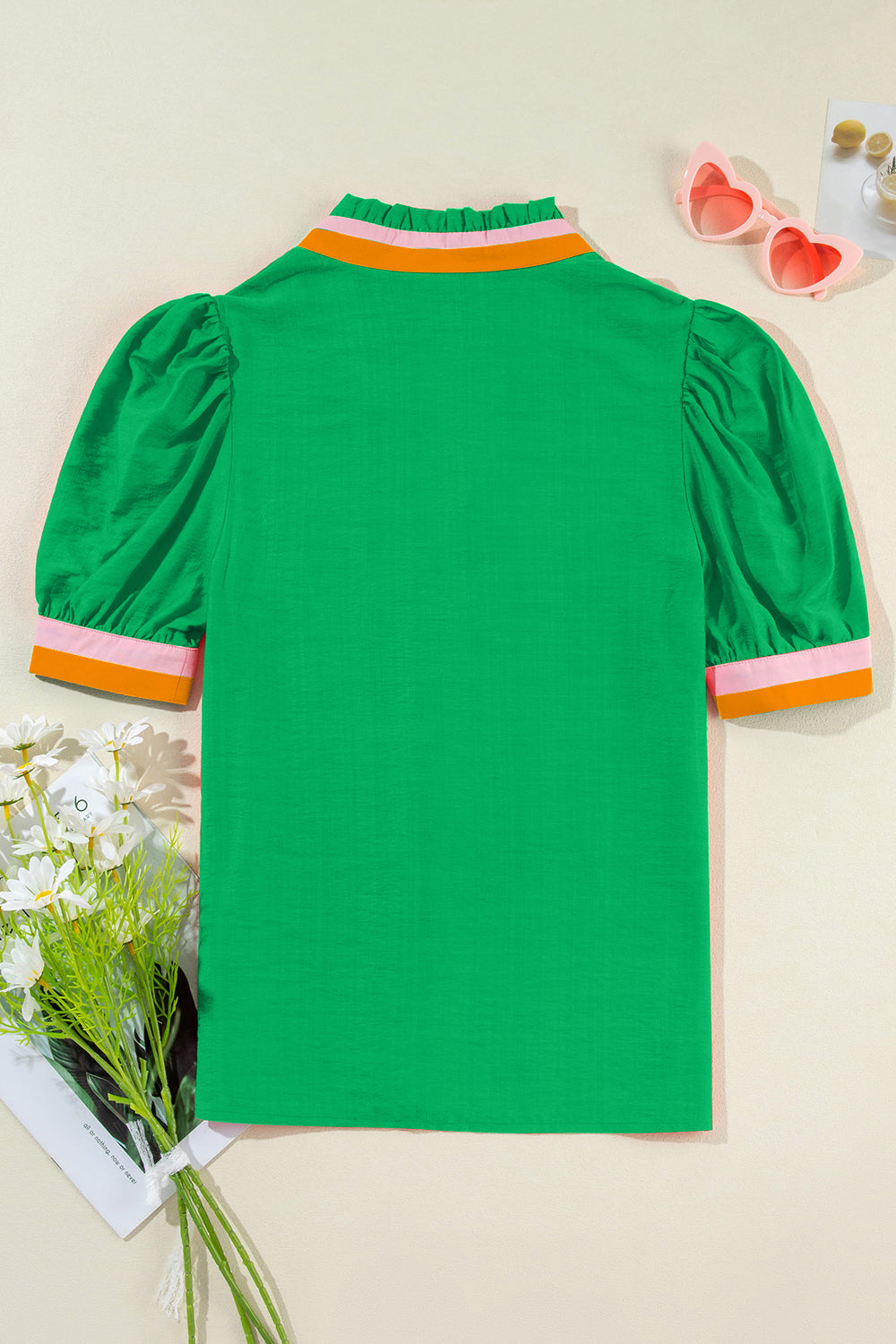 Green colorblock puff sleeve blouse with ruffled collar and contrast cuffs