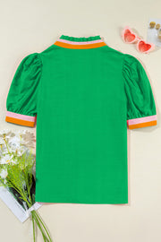 Green colorblock puff sleeve blouse with ruffled collar and contrast cuffs