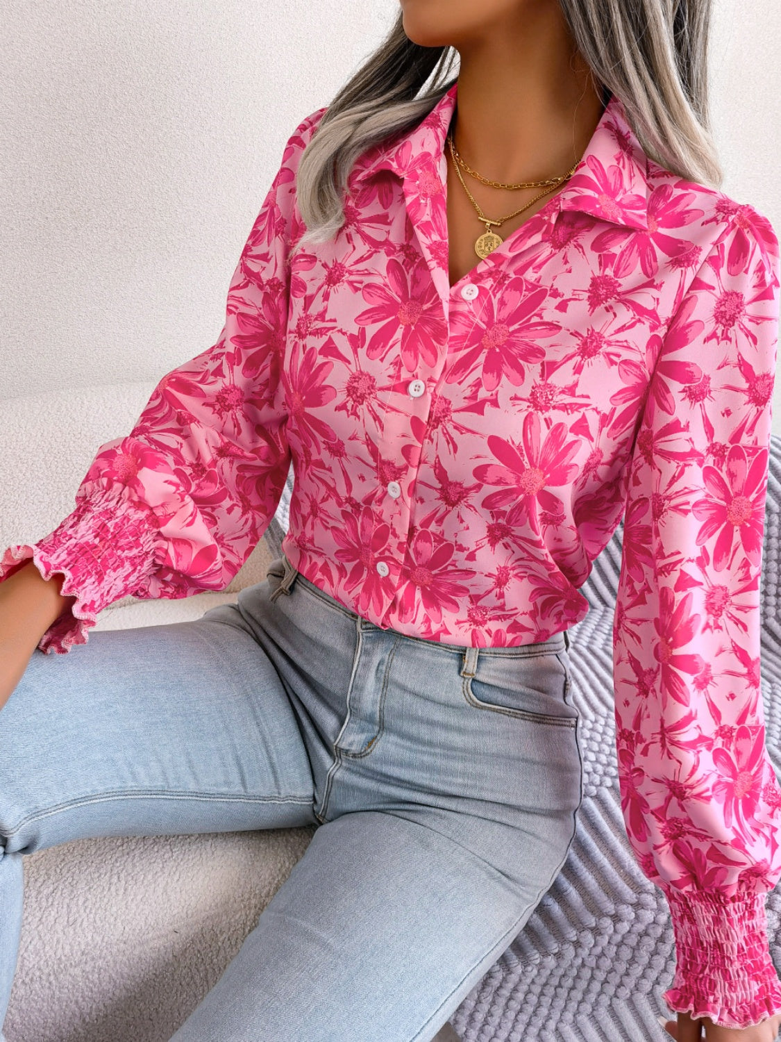 Pink floral print blouse with shirred cuffs and button front