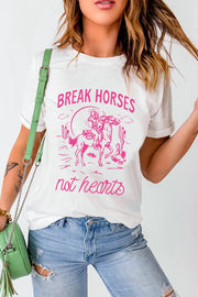White graphic tee with "Break Horses not hearts" western print and desert scene.