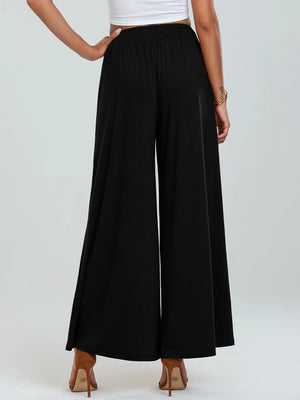 Black elastic waist palazzo trousers with pockets, wide leg, full length