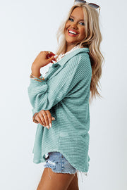Light Green Waffle Knit Button-Down Shirt Jacket with collar and button details.