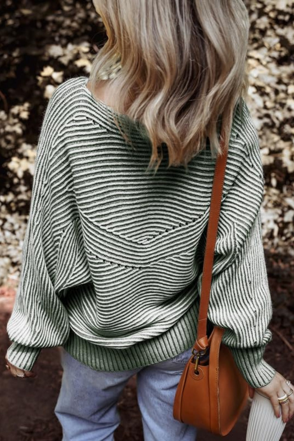 Textured stripe batwing knit sweater in Air Force Blue with a V-shaped yoke detail.