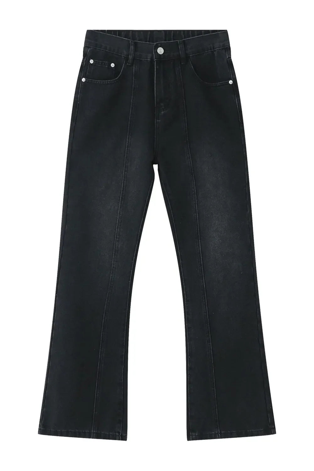Dark wash denim trousers with vertical seams and a wide-leg flare.