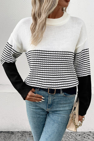 Colorblock stripe crewneck sweater in white with black sleeves and horizontal stripes.