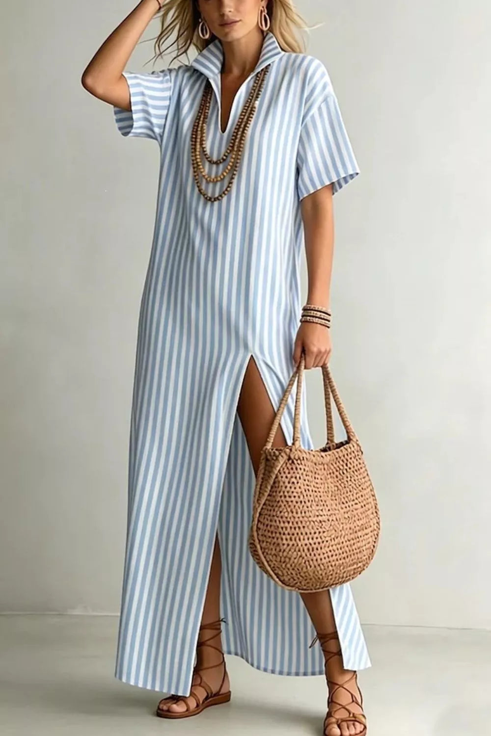 Light blue striped V-neck maxi dress with a high slit and short sleeves.