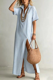 Light blue striped V-neck maxi dress with a high slit and short sleeves.