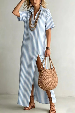 Light blue striped V-neck maxi dress with a high slit and short sleeves.