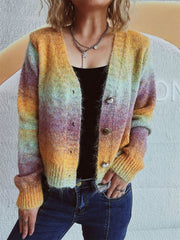 Ombre knit cardigan with heart buttons and a V-neck, featuring a multicolor acrylic blend.