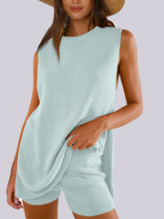 Textured knit tank and short set in dark blue, Tiffany blue, dust storm, black, or yellow.
