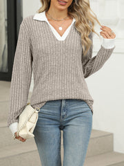 Ribbed knit long sleeve t-shirt in Khaki with white collar and cuffs, V-neck.