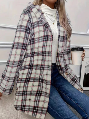 Plaid hooded trench coat with button detail and pockets.