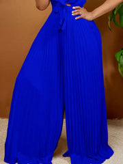 Blue pleated wide leg romper with tie front detail