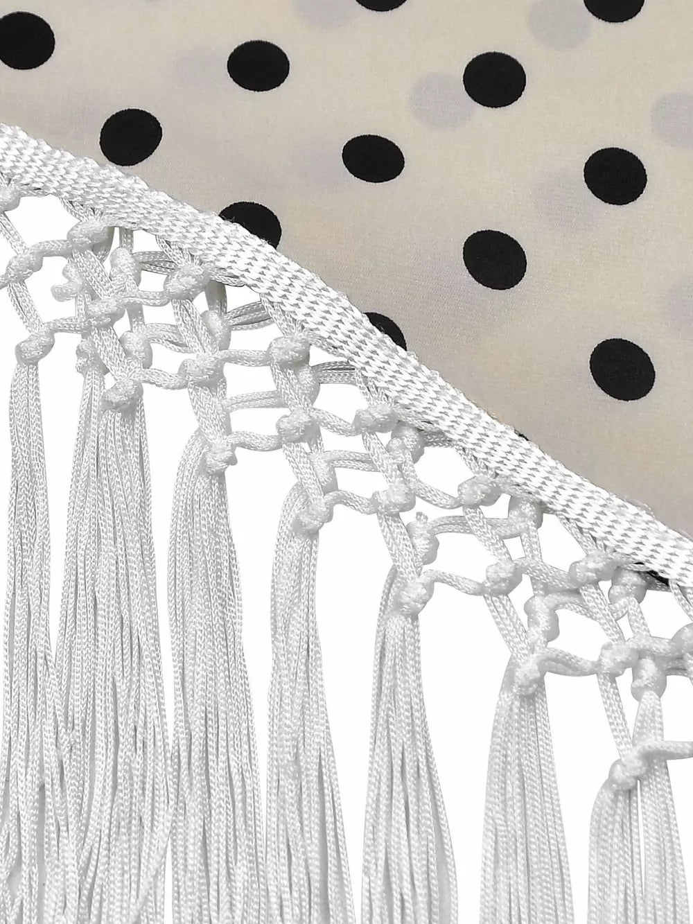 Cream polka dot cami with white macrame fringe detail