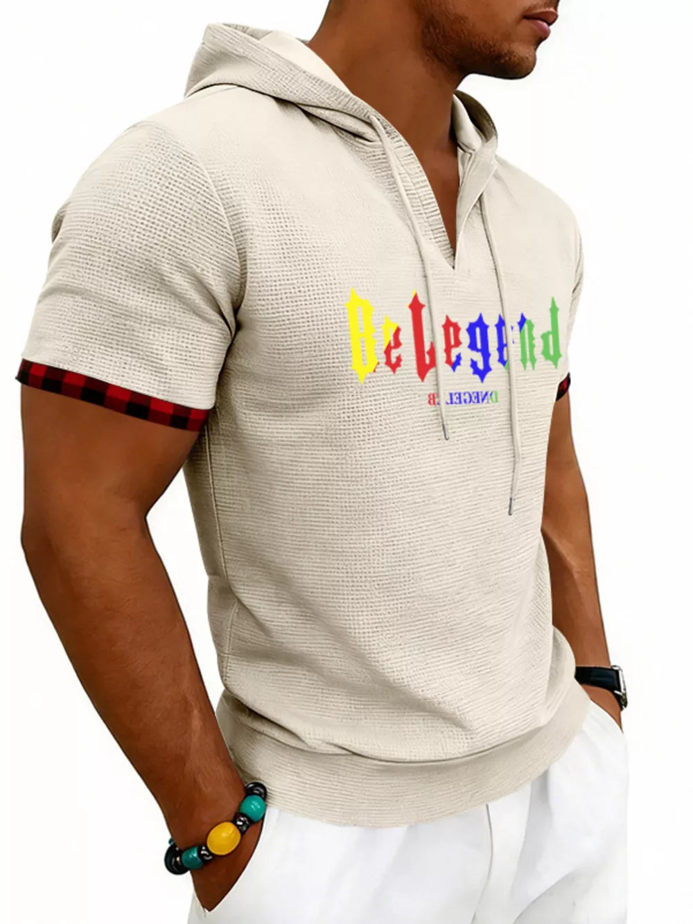 Men's Full Size Letter Graphic Short Sleeve Hooded Top in Royal Blue, alternate angle