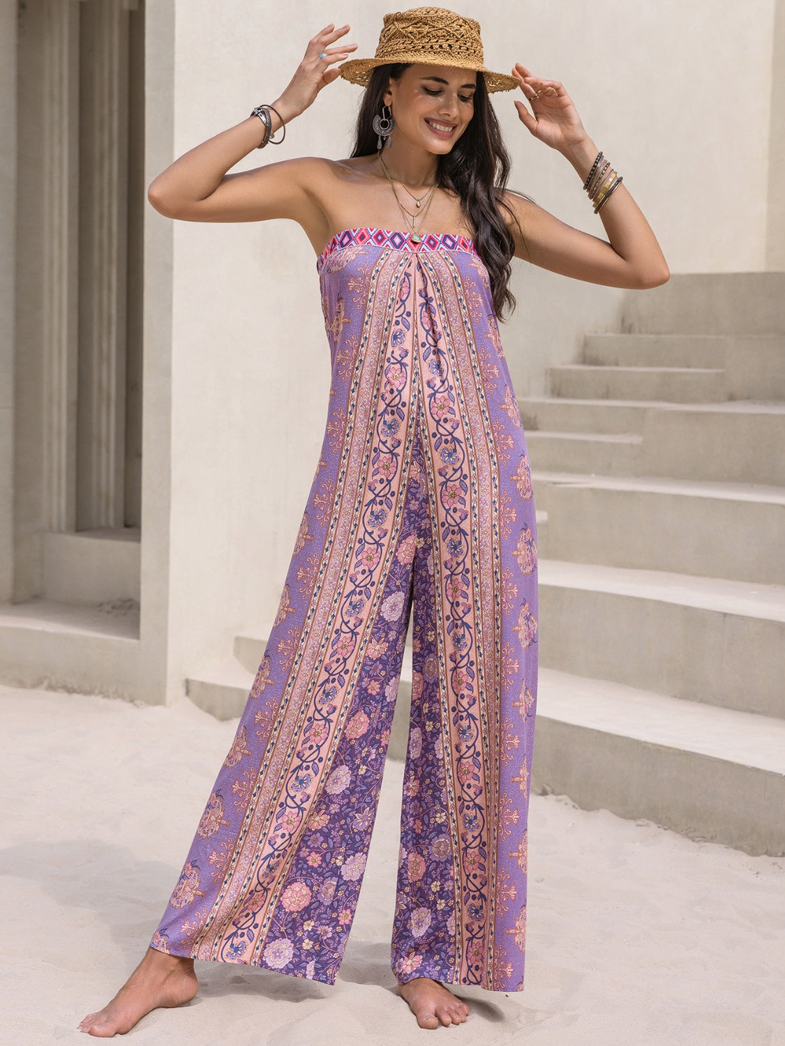 Lilac boho bandeau floral wide-leg jumpsuit with a patterned print and relaxed fit.