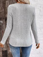 Ribbed V-neck Long Sleeve T-shirt in Grey, back view