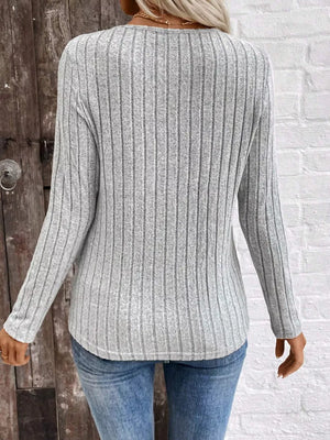 Ribbed V-neck Long Sleeve T-shirt in Grey, back view