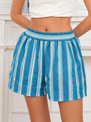 Blue striped shorts with elastic waistband and side pockets