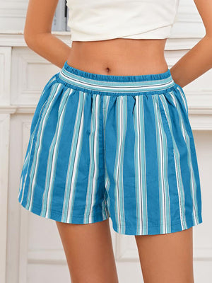Blue striped shorts with elastic waistband and side pockets