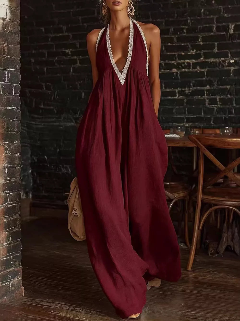 Luxe Lace-trimmed Halter Neck Romper