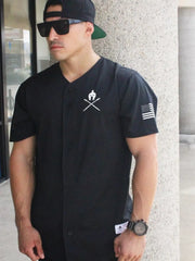 Black baseball jersey with graphic detail on chest and sleeve, full button front.