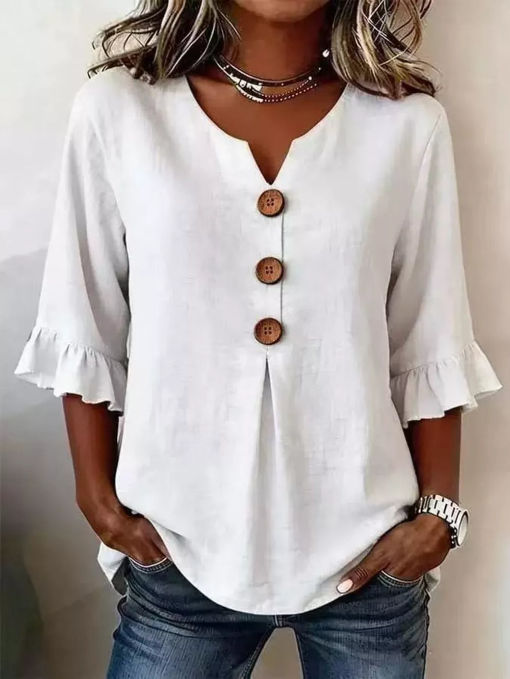 Casual Ruffle-sleeve Decor-button Top Plus Size in Burgundy, view 13