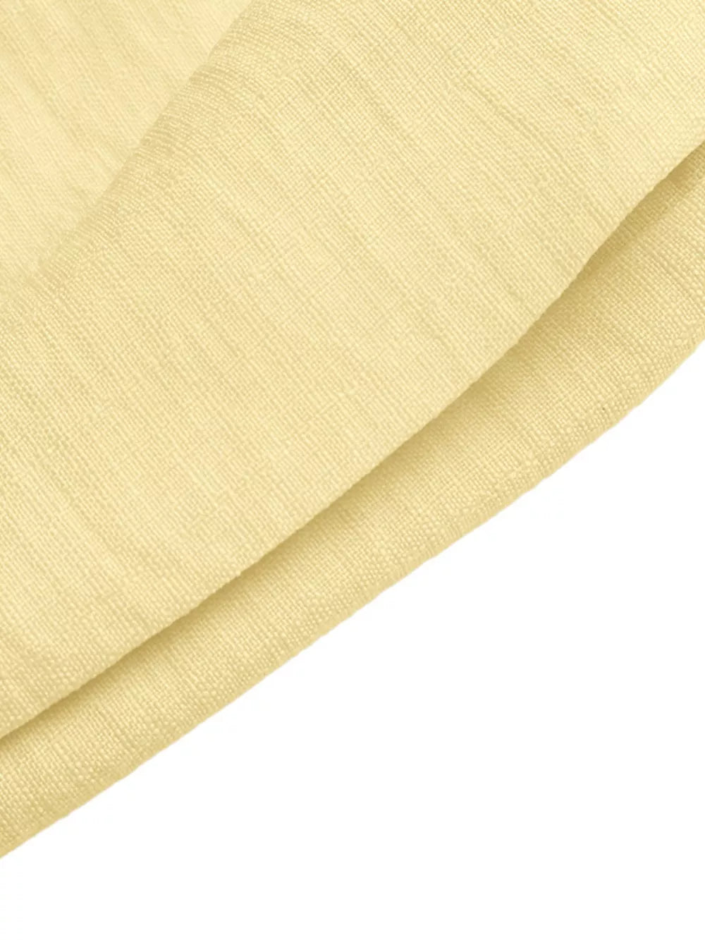 Peplum hem two-piece set in light yellow linen blend fabric with button detail.
