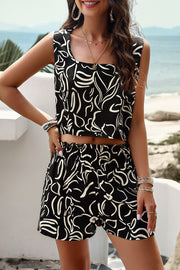 Black abstract print crop top and shorts set with square neckline and elastic waist shorts.