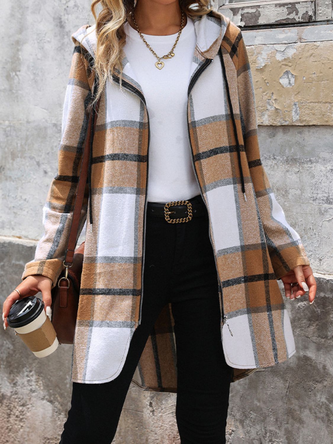 Longline plaid hoodie jacket in camel with zip front and hood.