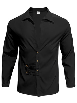 Black long-sleeve men's casual shirt with button detail and spread collar