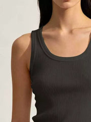 Ribbed Knit U-neck Tank in White, fabric detail