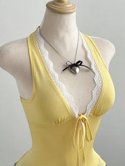 Lace Detail Halter Neck Cami in Yellow, side view