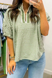 Sage gingham checkered half sleeve maternity overshirt with a stand collar and v-neck