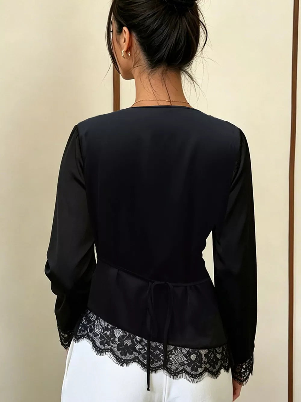 Lace Trim Cowl Neck Blouse in Black, side view