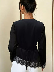 Lace Trim Cowl Neck Blouse in Black, side view