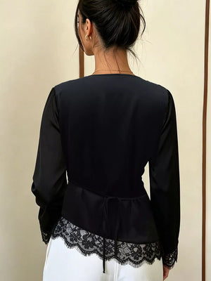Lace Trim Cowl Neck Blouse in Black, side view