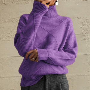 Deep Purple turtleneck sweater with diamond knit pattern and ribbed cuffs and hem.
