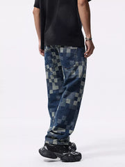 Checkerboard pattern relaxed fit jeans in blue denim with a contemporary checkerboard print.