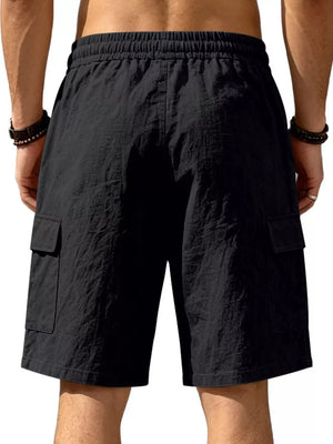 Black cargo shorts with drawstring waist and crinkled texture.