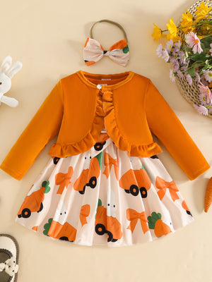 Orange ruffled cardigan baby set with carrot and bow print dress and headband.
