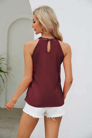 Burgundy sequin halterneck keyhole tank top with lace trim